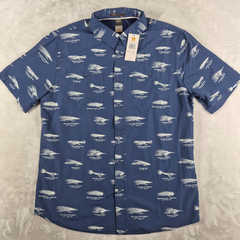 Quiksilver Waterman Button Up Shirt Men's Medium Blue Short Sleeve Fish Hook NWT
